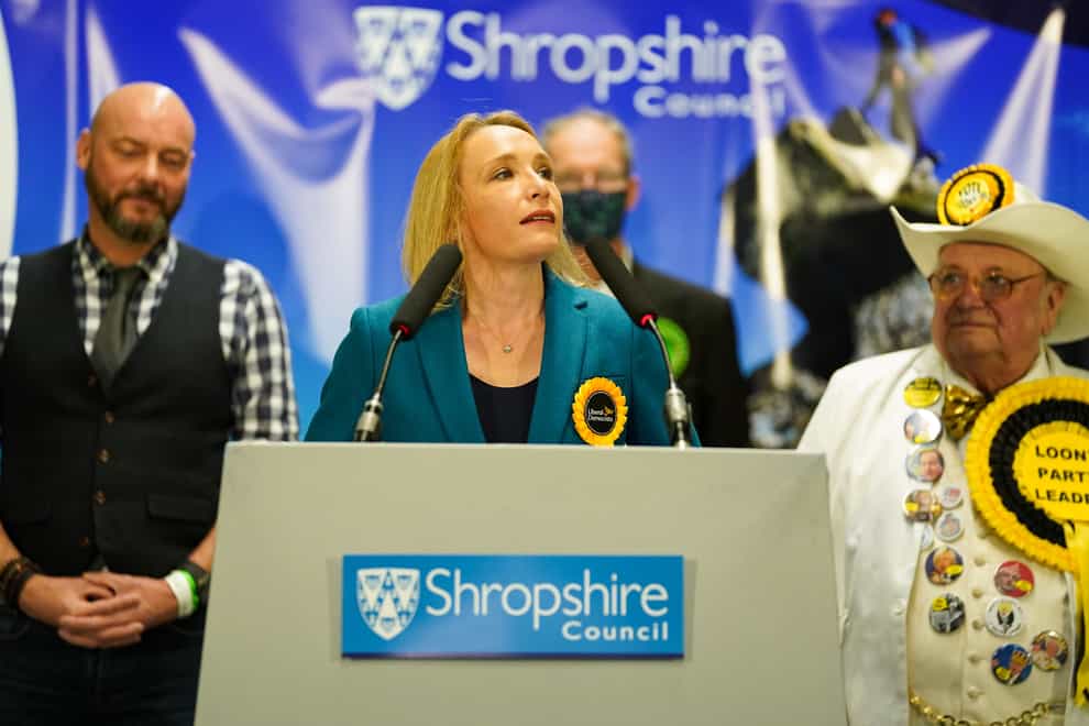 Helen Morgan of the Liberal Democrats after being declared the winner in the North Shropshire by-election (Jacob King/PA)