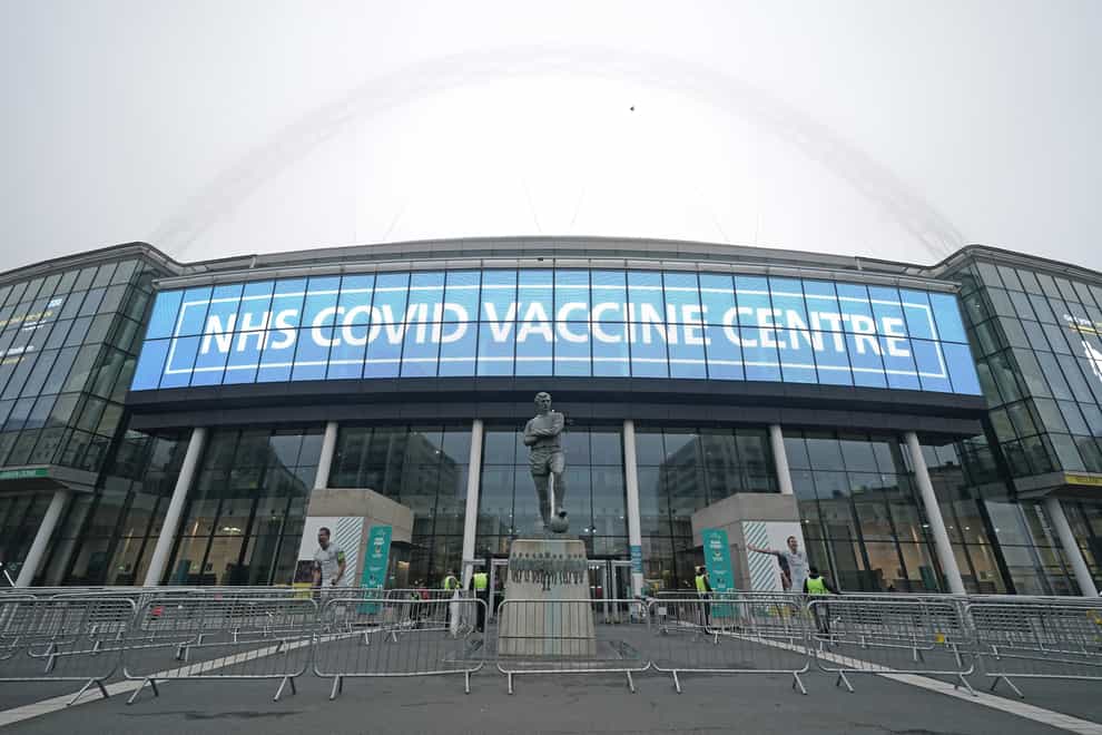 The exterior of Wembley Stadium in London, which is being used as a vaccination centre (Kirsty O’Connor/PA)