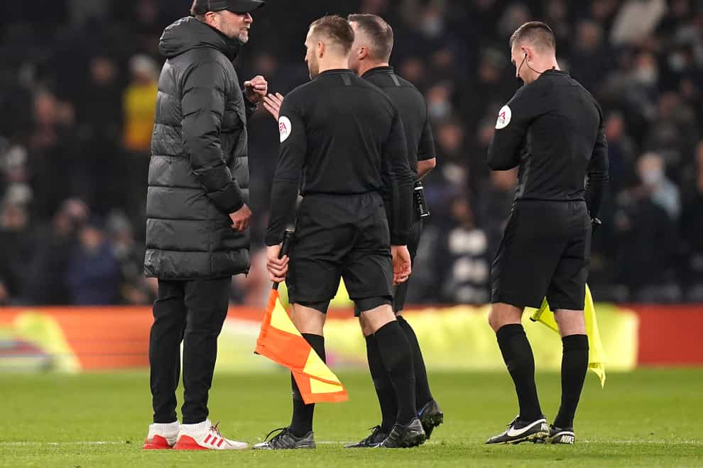 Jurgen Klopp, left, spoke with the officials after the game (Adam Davy/PA)