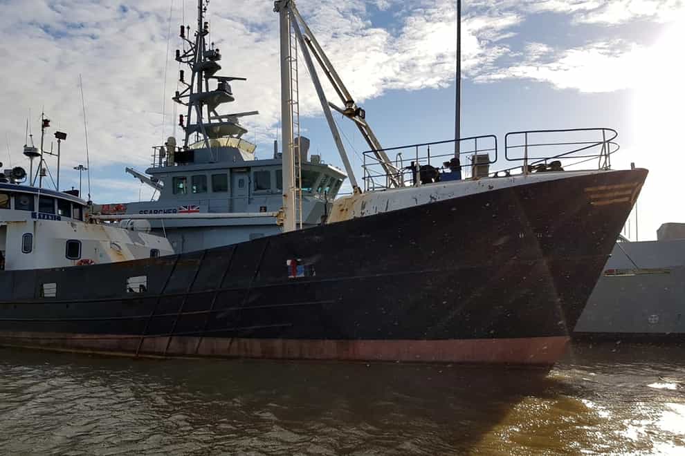 The 30m-long trawler, called the Svanic, which was used to attempt to smuggle 69 Albanian migrants into the UK (National Crime Agency/PA)