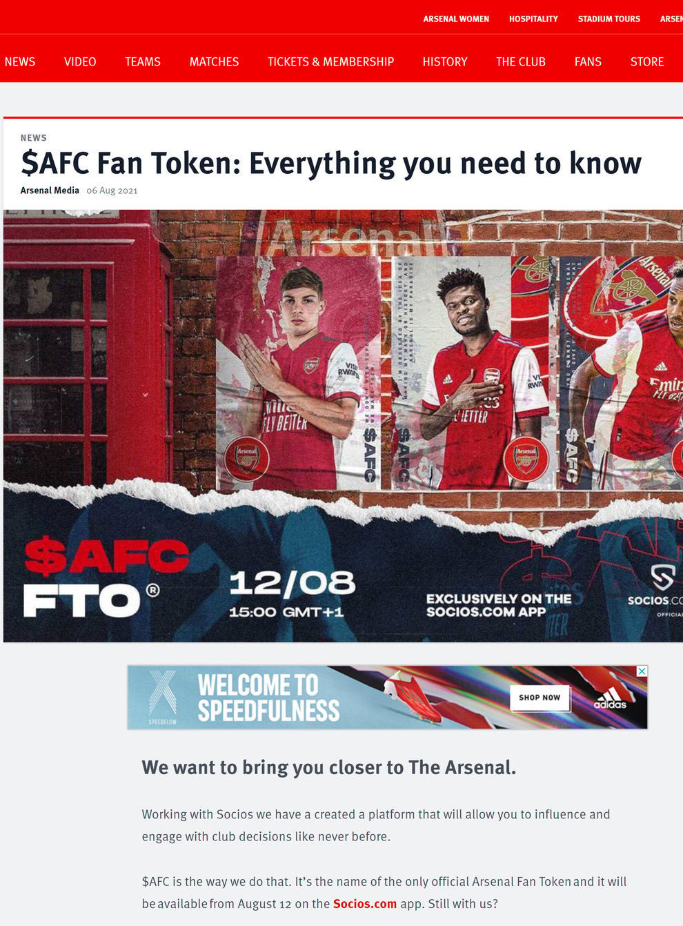 Arsenal’s website ad for fan tokens banned by the Advertising Standards Authority (ASA/PA)
