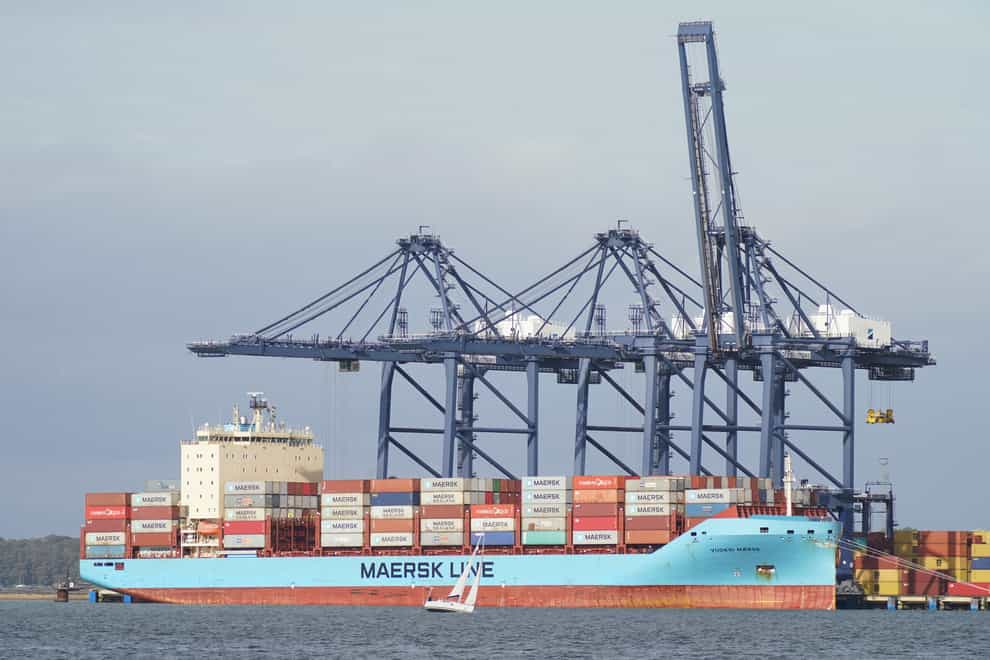 The container ship Vuoksi Maersk is loaded at the Port of Felixstowe, Suffolk (Yui Mok/PA)
