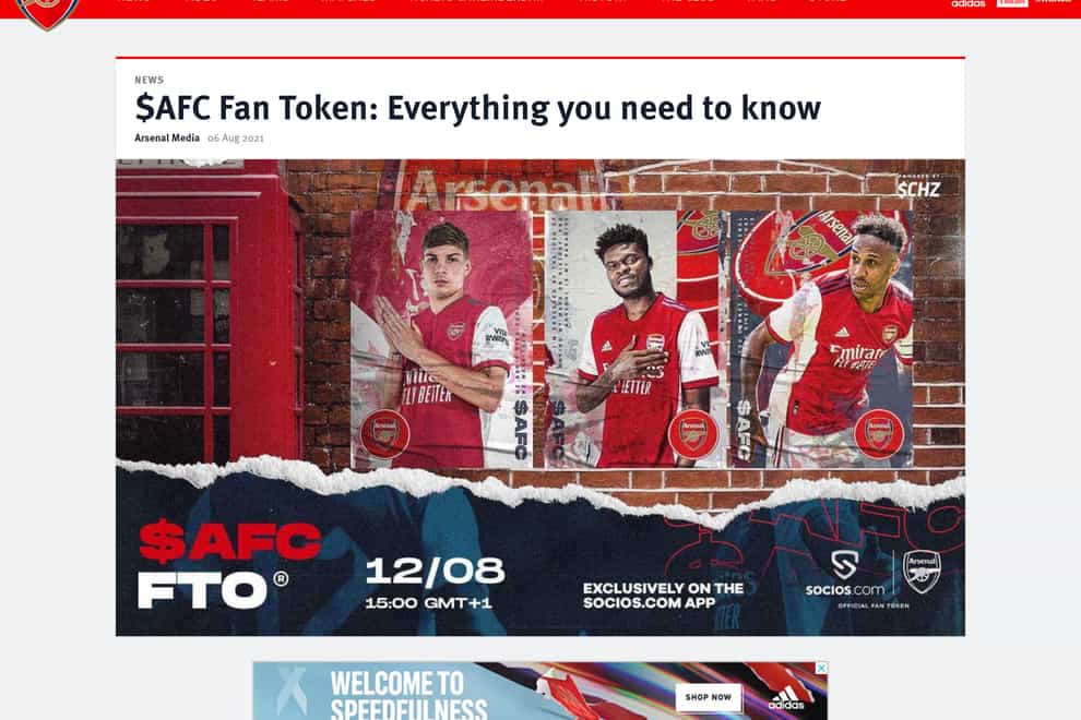The banned advert on the Arsenal FC website promoting fan tokens. Ads by Arsenal Football Club promoting fan tokens (ASA/PA)