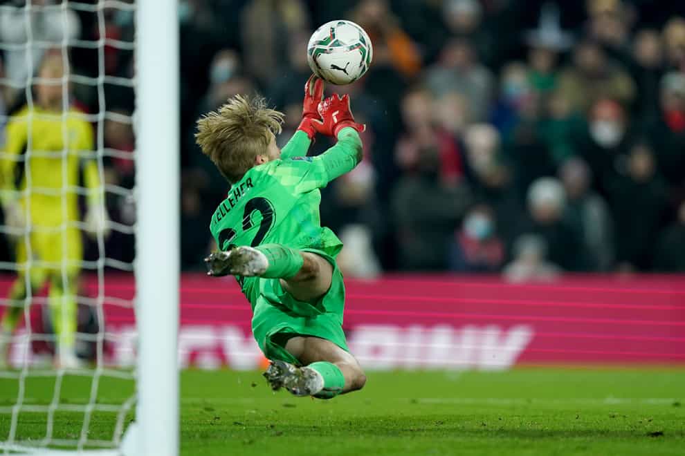 Liverpool goalkeeper Caoimhin Kelleher was the star of the penalty shoot-out (Mike Egerton/PA)