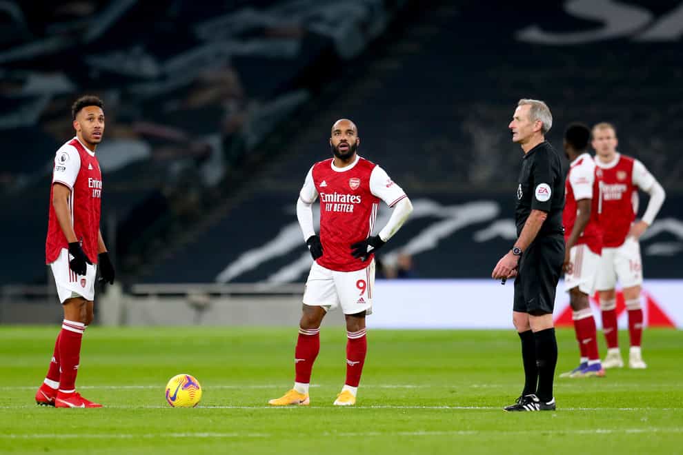 Alexandre Lacazette, right, is out of contract in the summer while Pierre-Emerick Aubameyang has missed Arsenal’s last four matches (Catherine Ivill/PA)