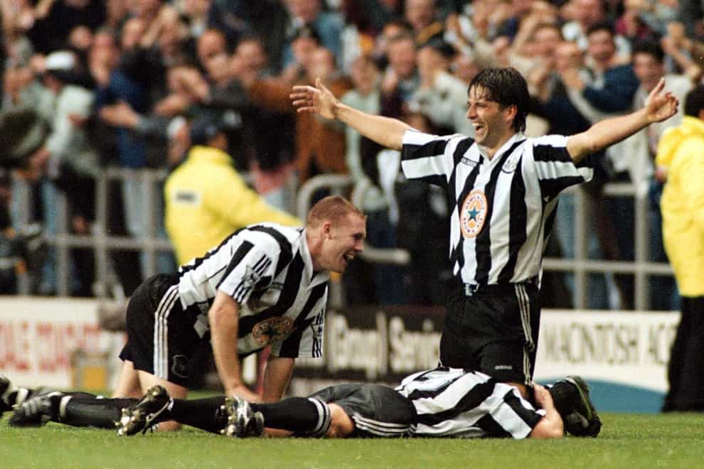 Philippe Albert (right) celebrates scoring Newcastle’s final goal in a 5-0 win over Manchester United (Owen Humphreys/PA)