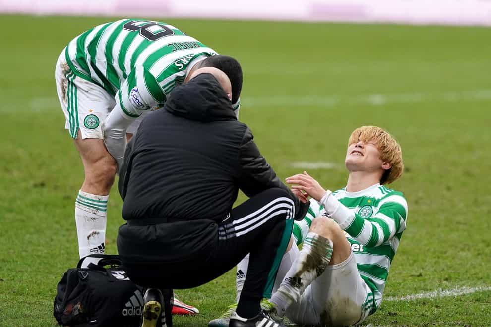 Celtic’s Kyogo Furuhashi receives treatment (Andrew Milligan/PA)