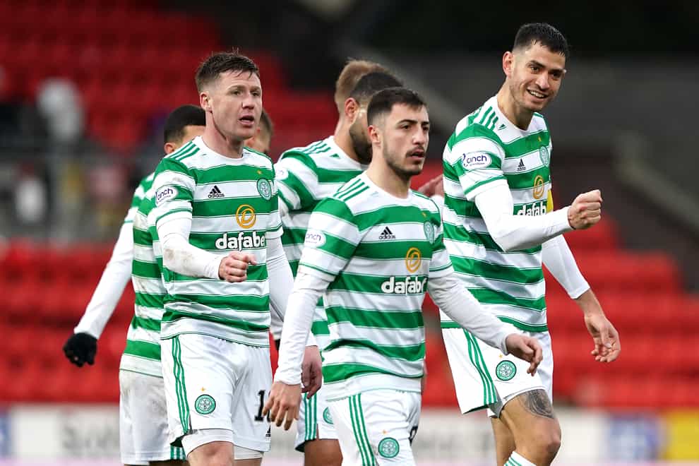 Stand-in skipper Nir Bitton, right, scored Celtic’s third goal in Perth (Andrew Milligan/PA)