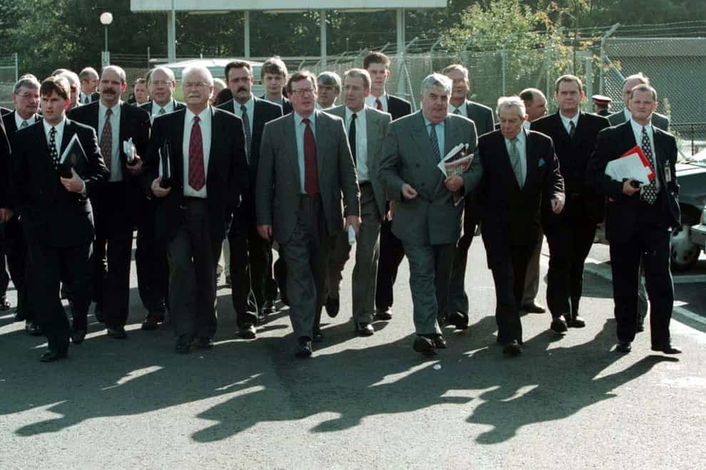 The then Ulster Unionist Party leader, David Trimble (centre), arriving with delegates from the UUP, the Progressive Unionists and the Ulster Democratic Party at Castle Buildings, Stormont, where they rejoined the Northern Ireland peace talks process. A historic moment when unionist politicians shared a conference room with Sinn Fein for the first time during peace talks in Northern Ireland in 1997 was recorded in minutes as “something of a damp squib”, according to newly released documents from the National Archives (PA)