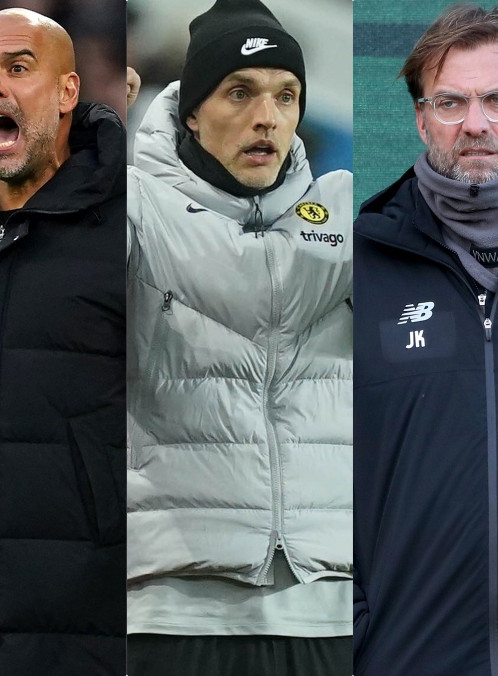Pep Guardiola, Thomas Tuchel and Jurgen Klopp are heading to the business end of the season (PA)