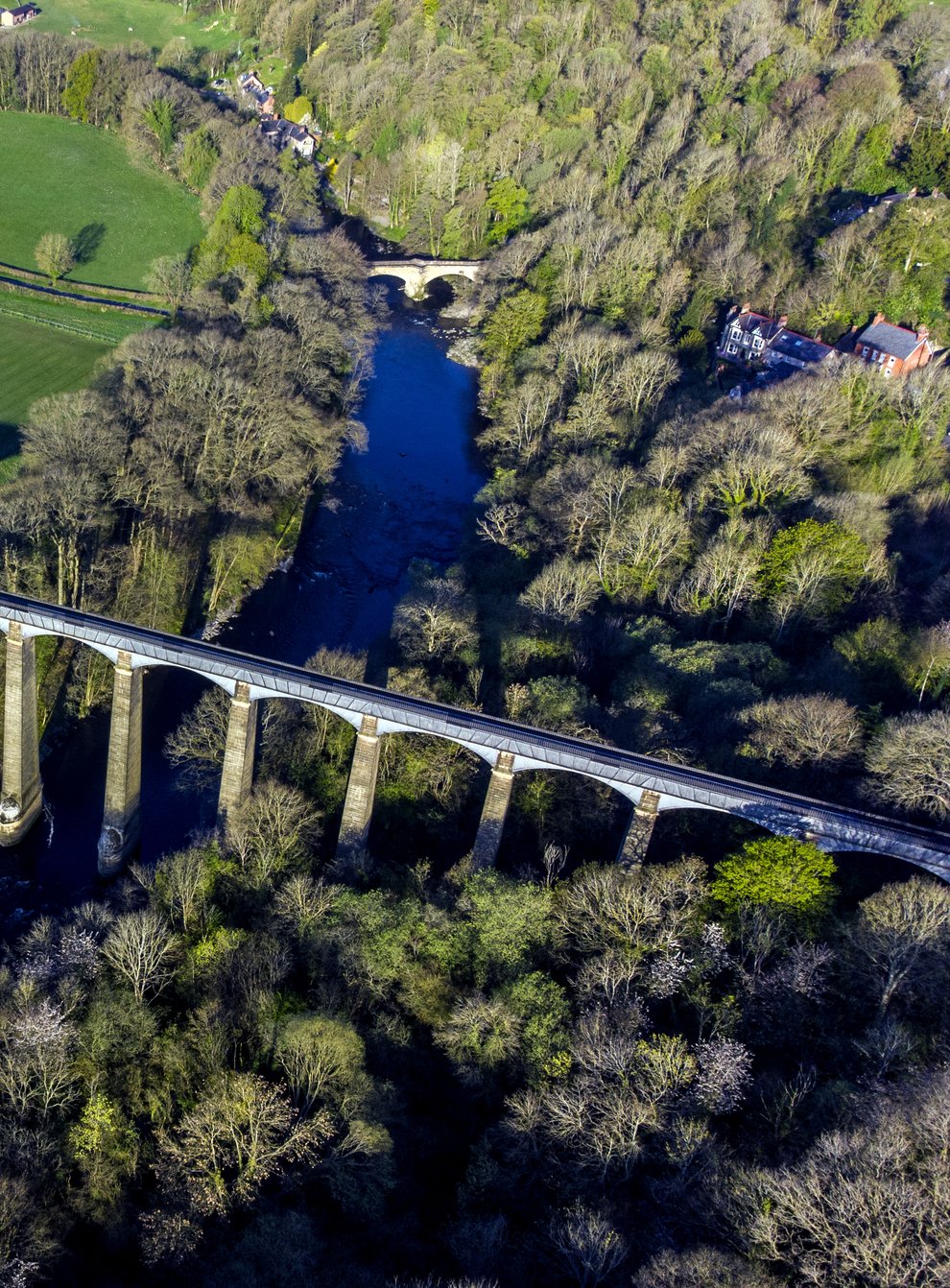 The early morning sun casts shadows at the Pontcysyllte Aqueduct, in Llangollen, North Wales, in April (Peter Byrne/PA)