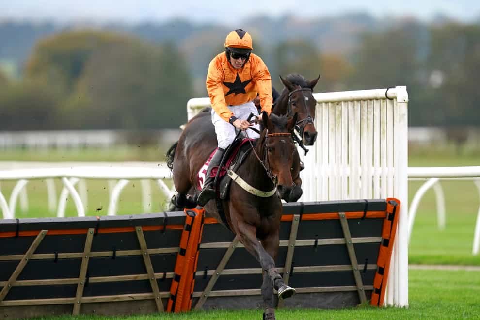 Saint Segal ridden by jockey Chester Williams clears a hurdle on their way to winning the Ten To Follow At tote.co.uk Juvenile Maiden Hurdle at Bangor-on-Dee racecourse. Picture date: Wednesday November 10, 2021 (David Davies/PA)