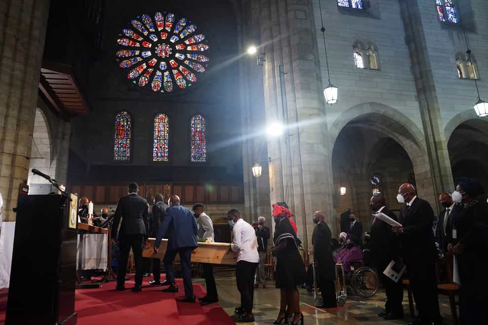 The funeral service for Archbishop Desmond Tutu gets under way in St George’s Cathedral at Cape Town, South Africa (Nic Bothma/Pool/AP)