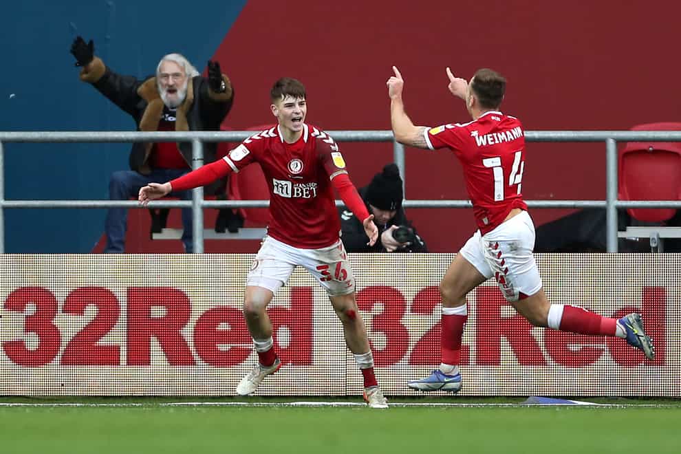 Bristol City’s Andreas Weimann, right, celebrates scoring (Bradley Collyer/PA)