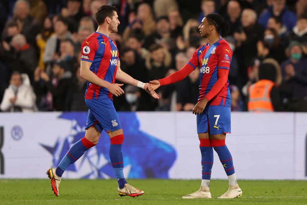 Michael Olise is congratulated after scoring for Crystal Palace (Ian Walton/AP/PA)
