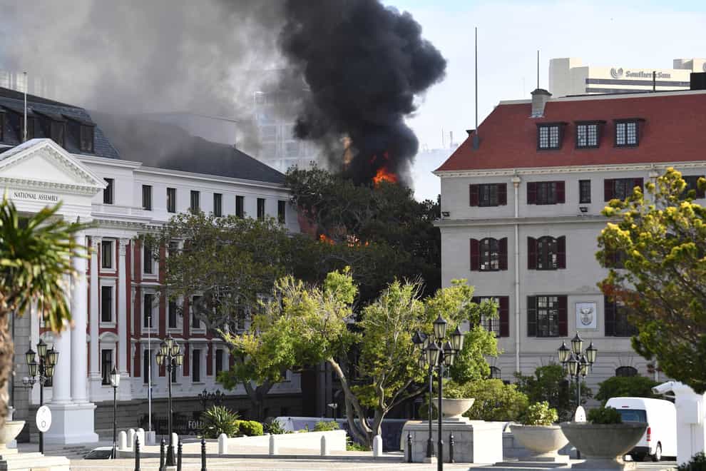 A fire at the Houses of Parliament, in Cape Town, South Africa, on Sunday (Leon Knipe/AP)