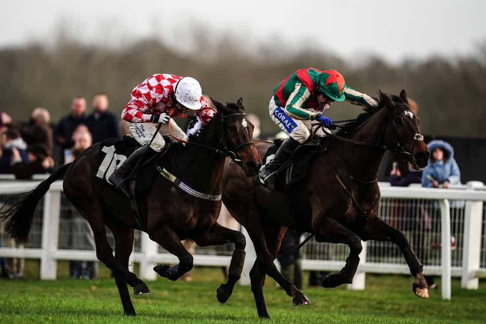 Saint Palais and Harry Bannister (left) get the better of Gericault in the Mandarin Handicap Chase at Newbury (David Davies/PA)