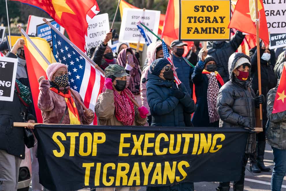 A group from the Tigrayan diaspora in Washington protest about the conflict in Ethiopia (Alex Brandon/AP)