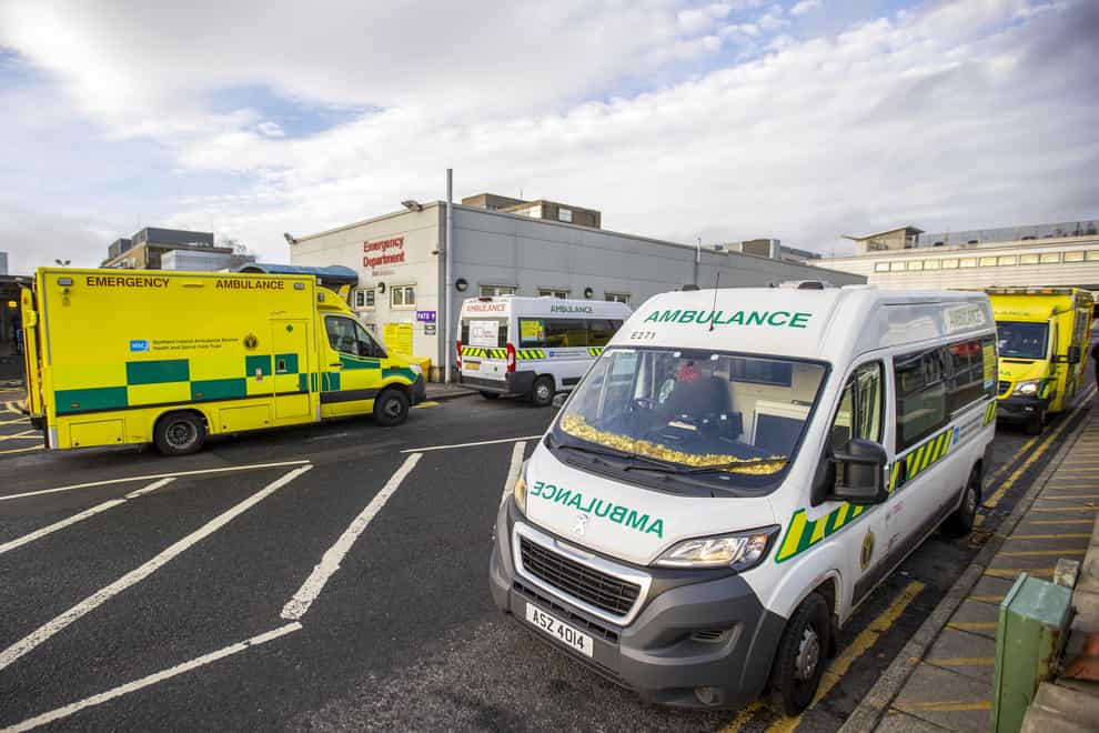 Ambulance parked outside main entrance to the Emergency Department of Dundonald Hospital in Belfast, Northern Ireland. (Liam McBurney/PA)