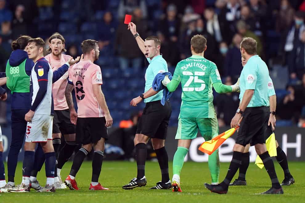 Cardiff defender Aden Flint (third left) was sent off after the final whistle at West Brom on Sunday (Tim Goode/PA)