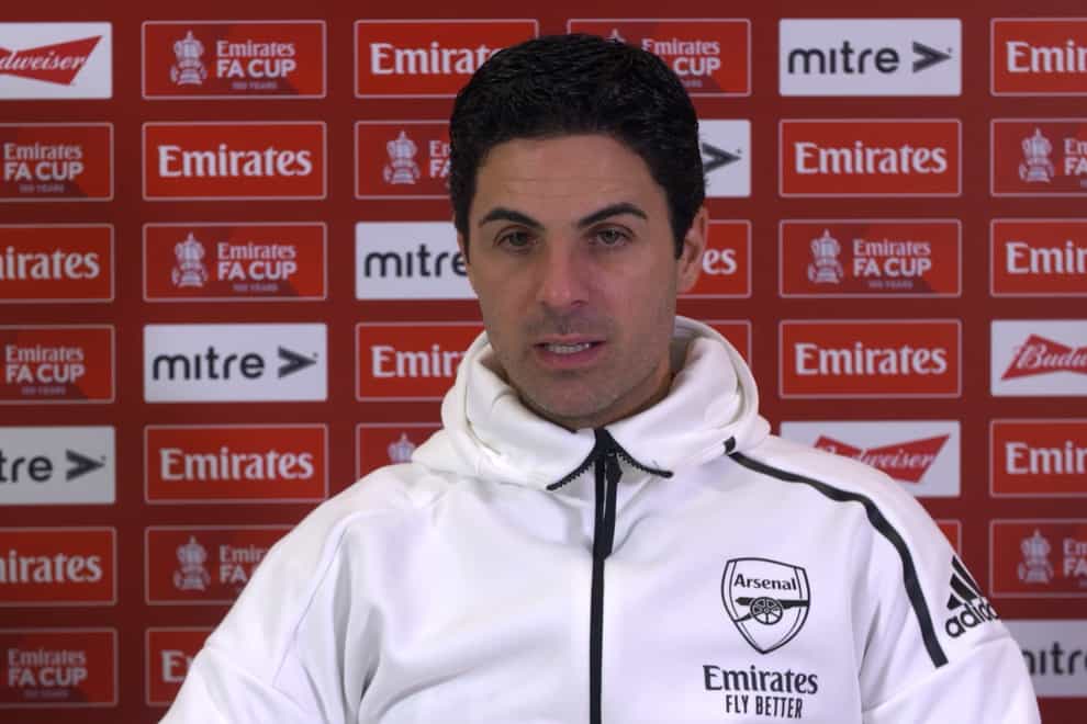Mikel Arteta wore a white hoodie for his press conference on Friday (Arsenal Media/PA)