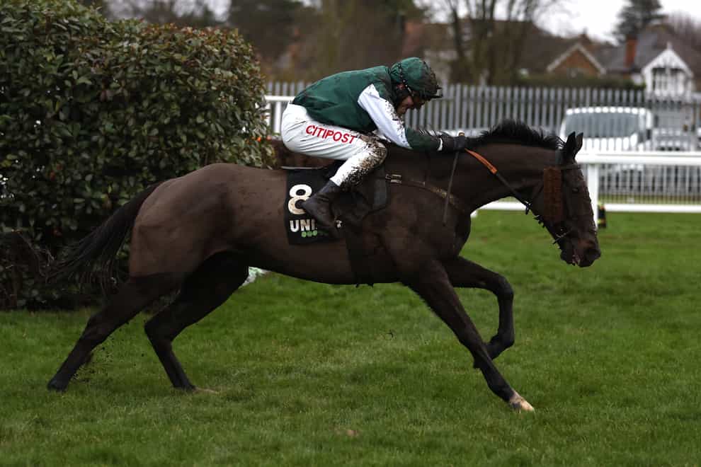 Adam Wedge brings Prime Venture with a well-timed run to win the Unibet Veterans’ Handicap Chase Final at Sandown (Steve Paston/PA)
