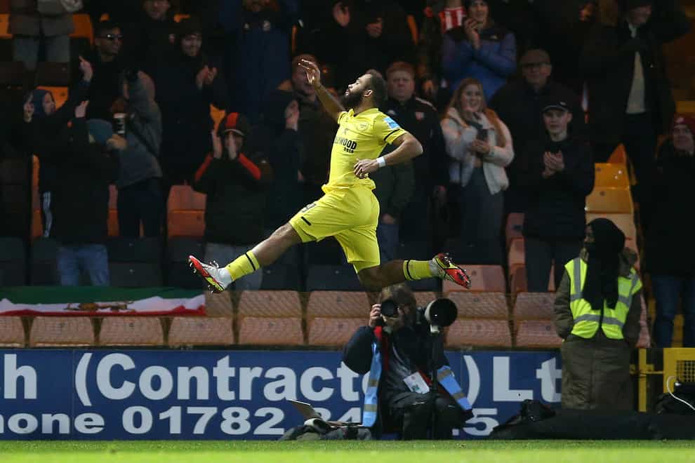 Bryan Mbeumo celebrates his first goal against Port Vale (Nigel French/PA)