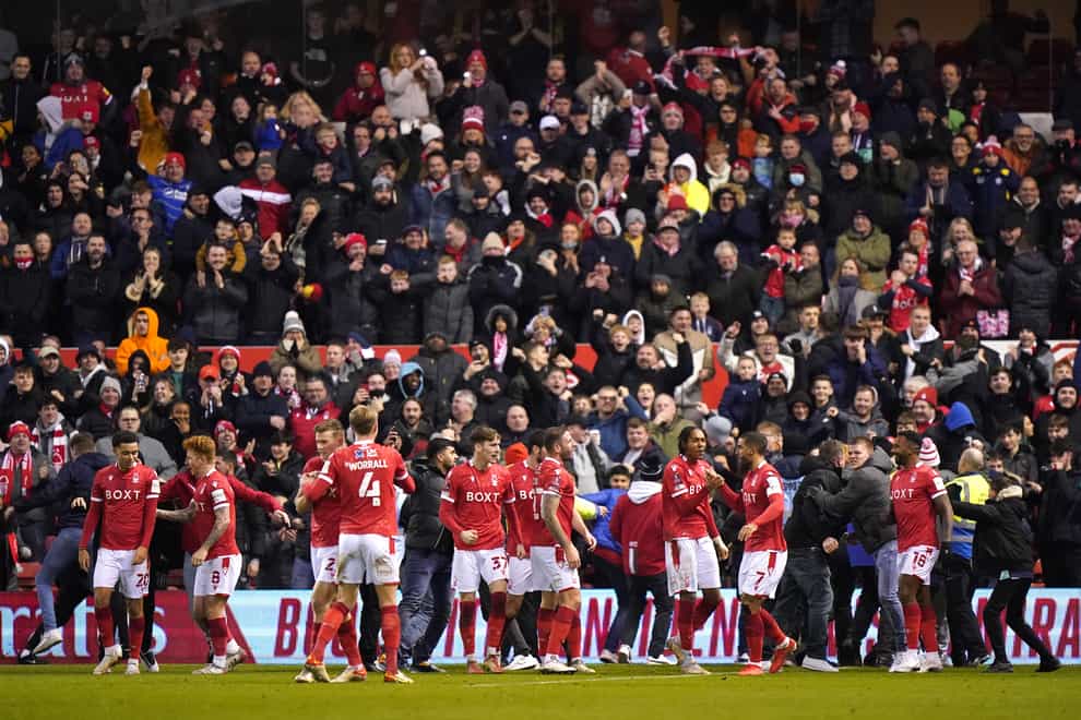 Nottingham Forest celebrate Lewis Grabban’s winner against Arsenal (Tim Goode/PA)