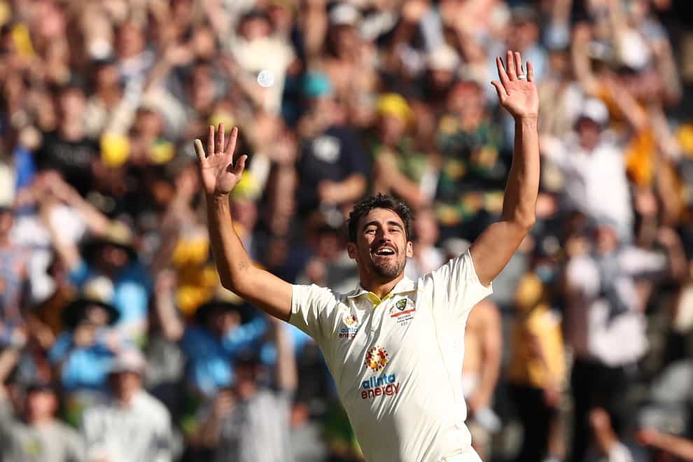Australia’s Mitchell Starc reacts while being on a hat trick during day two of the third Ashes test at the Melbourne Cricket Ground (Jason O’Brien/PA)