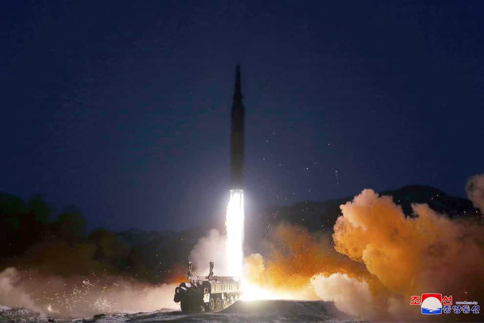 FILE – This photo provided by the North Korean government shows what it says a test launch of a hypersonic missile (Korean Central News Agency/Korea News Service via AP, File)