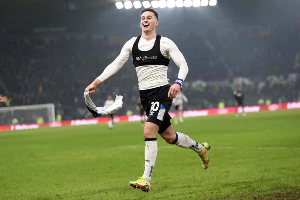Tom Lawrence celebrates scoring for Derby (Barrington Coombs/PA).