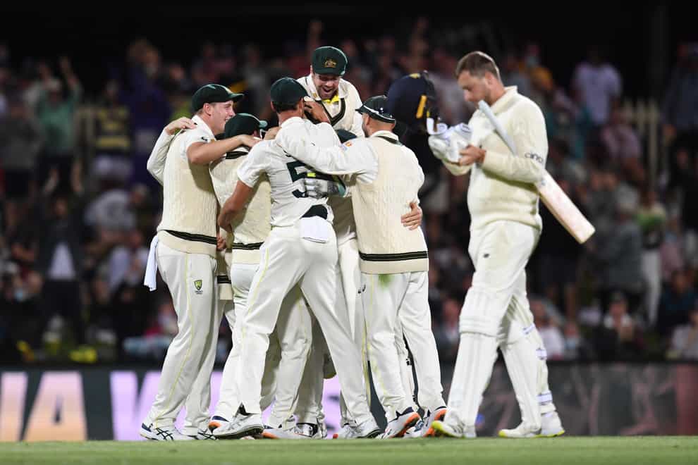 Australia celebrate winning the fifth Ashes Test in Hobart and sealing a 4-0 series win (Darren England via AAP)