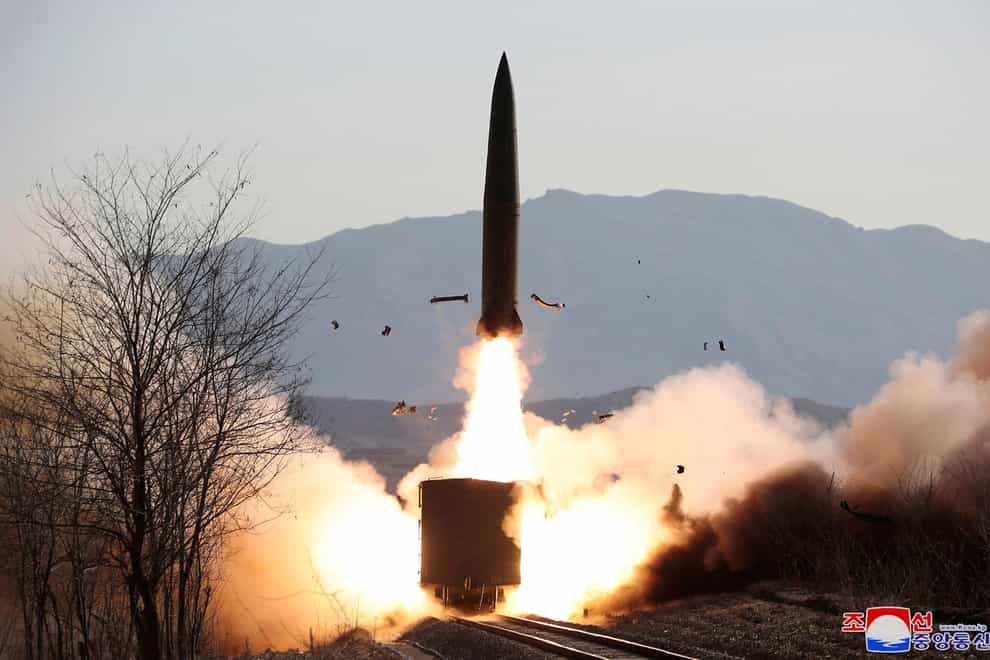 This photo provided on Saturday, Jan. 15, 2022, by the North Korean government shows a missile test from railway in North Pyongan Province, North Korea, on January 14, 2022. (Korean Central News Agency/Korea News Service via AP)