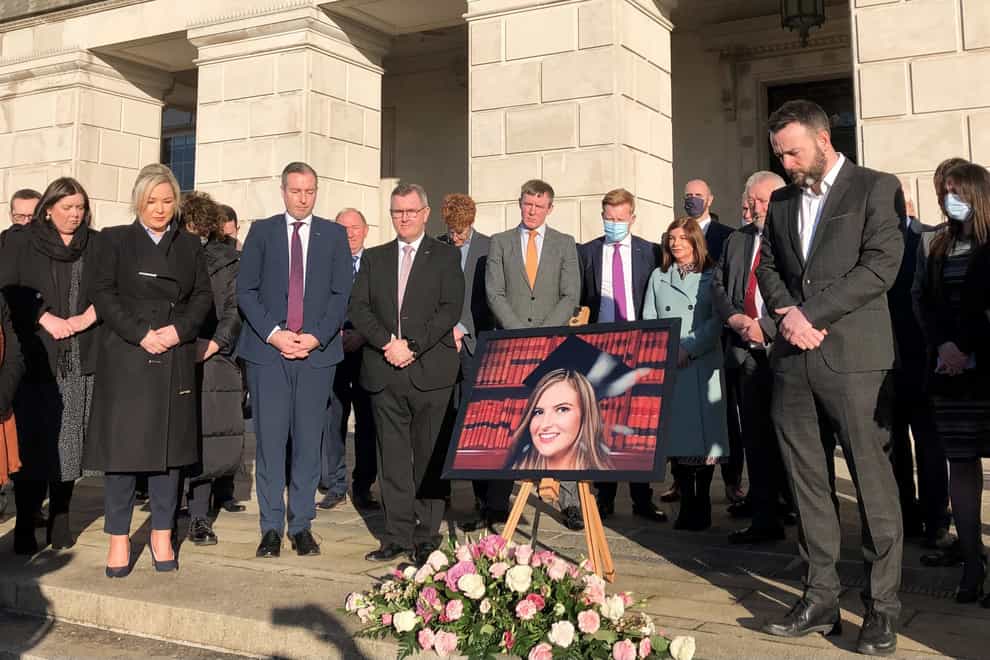 MLAs and MPs take part in a silent vigil on the steps of Parliament Buildings, Stormont, for Ashling Murphy who was found dead after going for a run in Co Offaly (PA)