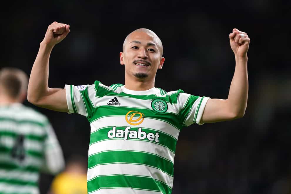 Daizen Maeda celebrates his first goal for Celtic (Andrew Milligan/PA)