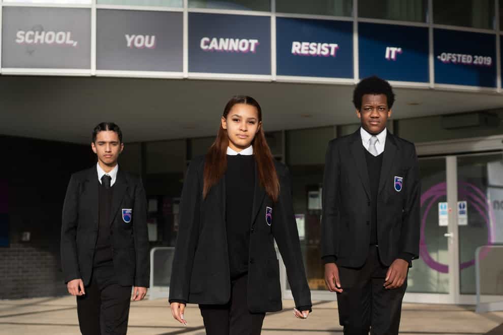 Pupils (left to right) Aakash Khanal, Saffron Ramwalden and Jacob Akiobe-Peters at Oasis Academy in Croydon, south London (Stefan Rousseau/PA)