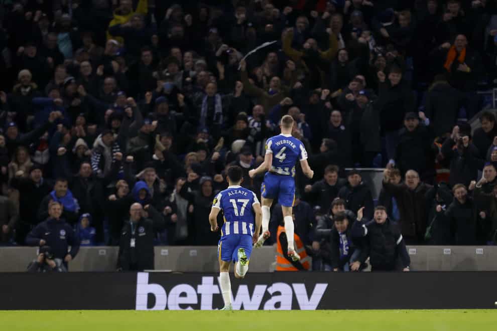 Adam Webster led the celebrations after his goal earned a draw against Chelsea (Steve Paston/PA)