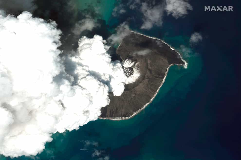 An overview of Hunga Tonga Hunga Ha’apai volcano in Tonga on December 24 (Maxar Technologies via AP)