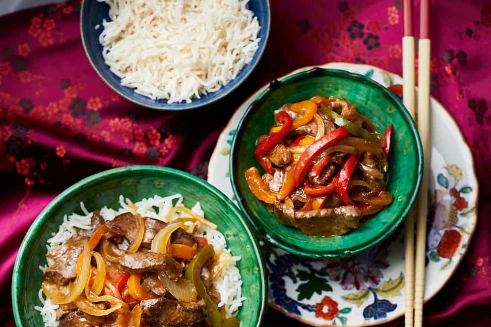 Beef and onion with mixed peppers from 10-Minute Chinese Takeaway by Kwoklyn Wan (Sam Folan/PA)