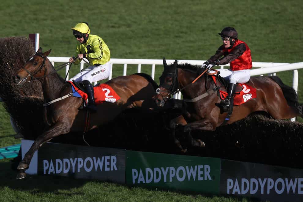 Bob And Co (right) ridden by David Maxwell on their way to winning the Irish Daily Star Champion Hunters Chase ahead of Billaway (left) ridden by Patrick Mullins, during Day Four of the Punchestown Festival at Punchestown Racecourse in County Kildare, Ireland (Brian Lawless/PA)