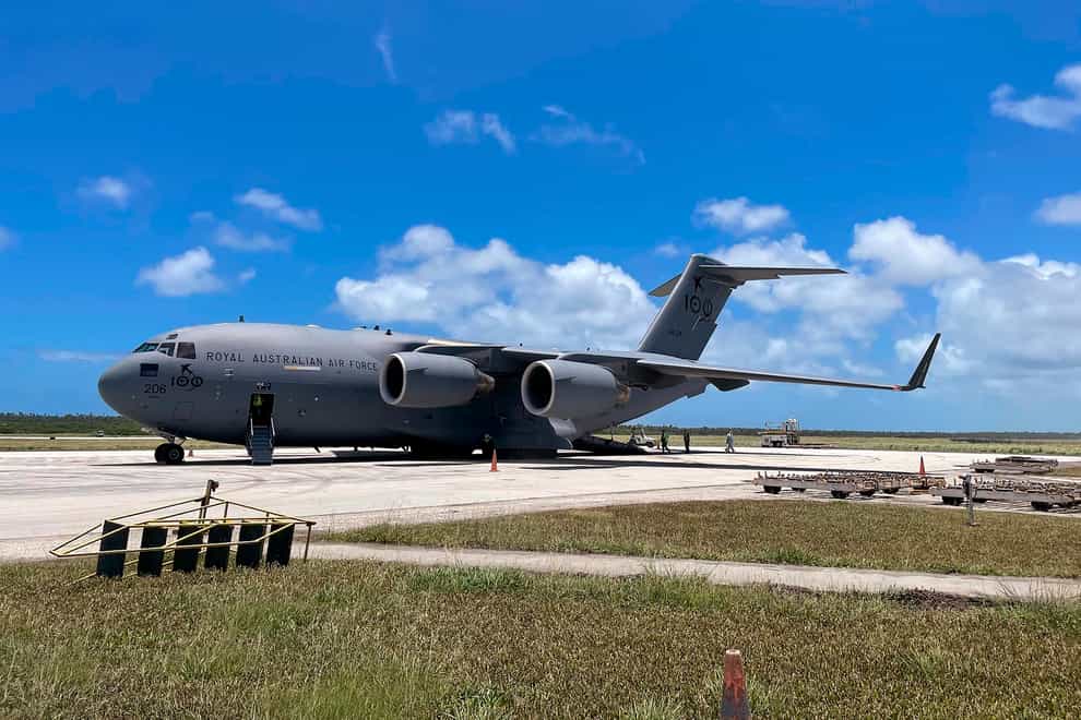 A Royal Australian Air Force plane has arrived in Tonga (Australian Defence Force via AP)