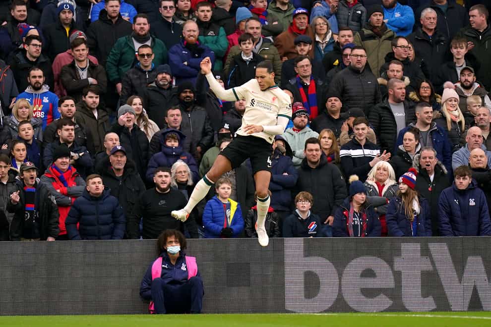 Virgil van Dijk jumps for joy after scoring against Crystal Palace (Adam Davy/PA)