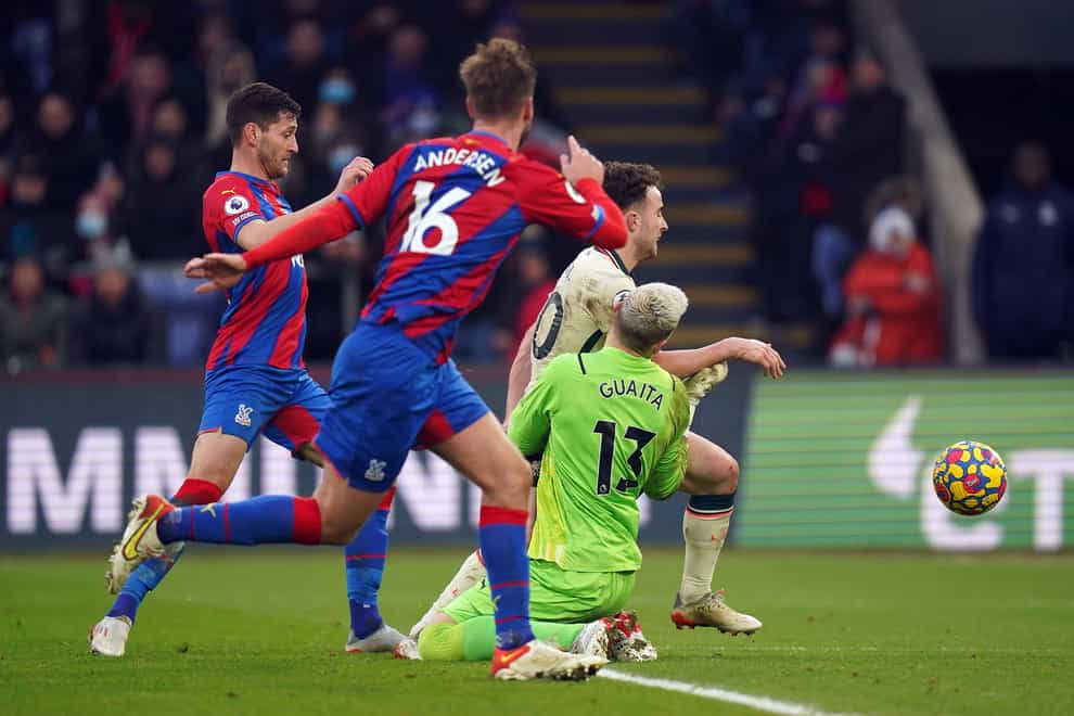 Liverpool’s Diogo Jota clashes with Crystal Palace goalkeeper Vicente Guaita (Adam Davy/PA)