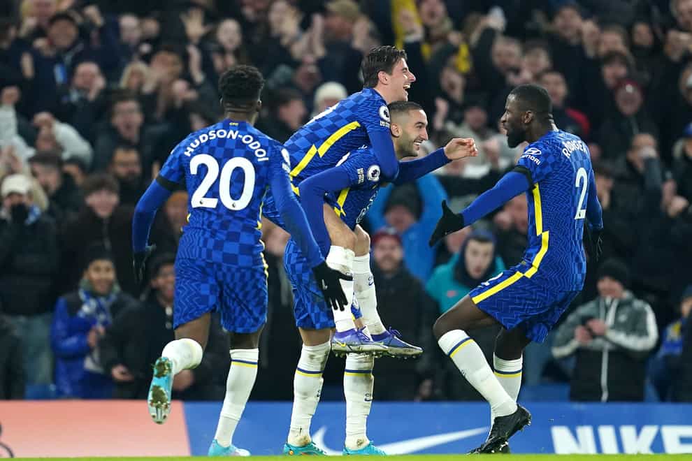 Chelsea’s Hakim Ziyech (centre) celebrates his goal against Tottenham (Nick Potts/PA).