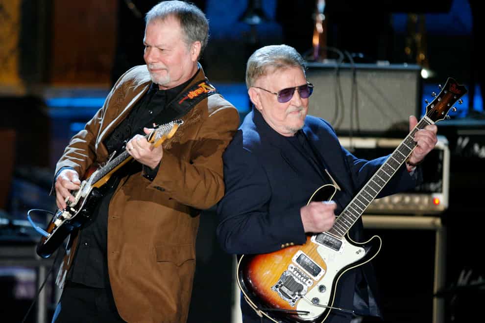 Bob Spalding, left, and Don Wilson of The Ventures perform at the Rock and Roll Hall of Fame Induction Ceremony in New York in 2008 (Jason DeCrow/AP)