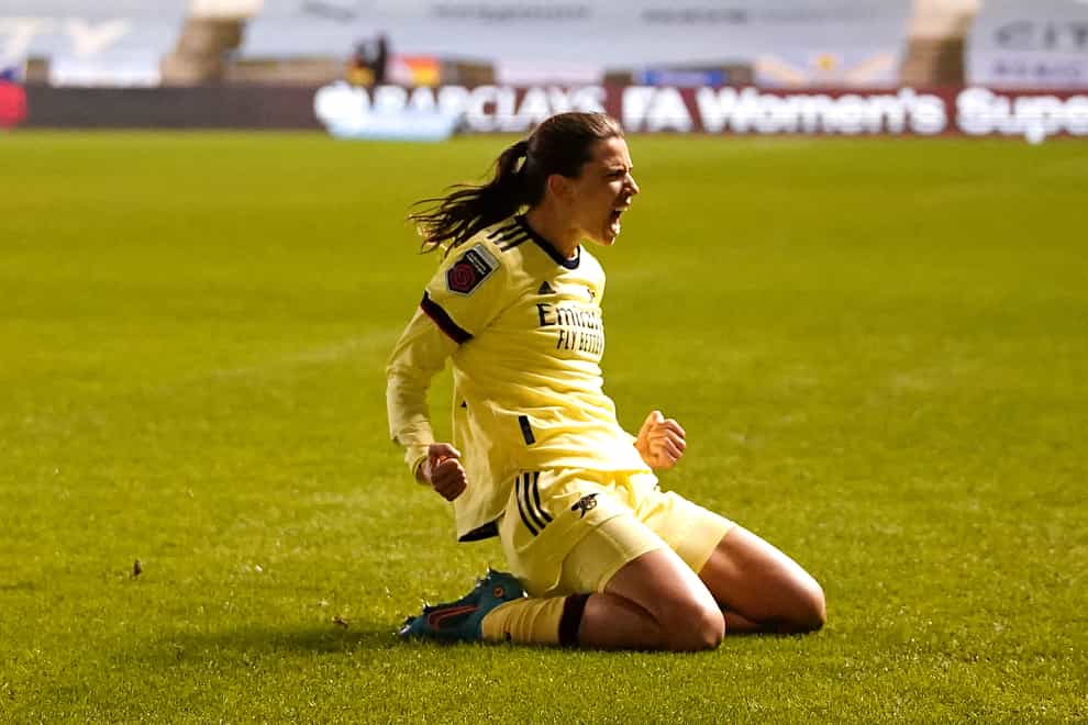 Arsenal’s Tobin Heath celebrates her stoppage-time equaliser against Manchester City (Zac Goodwin/PA)