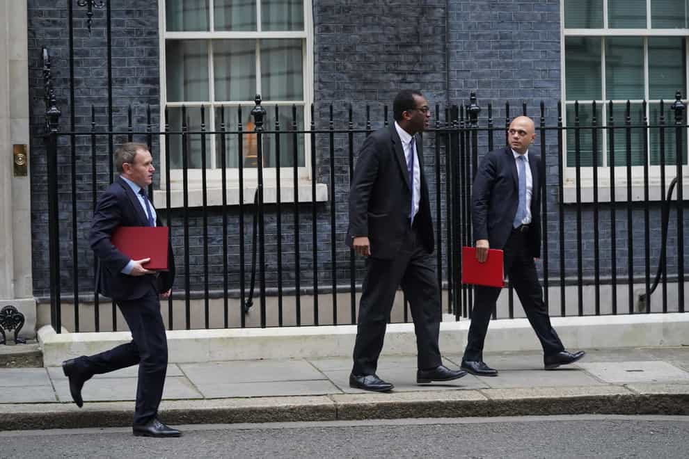 (left to right) Environment Secretary George Eustice, Business, Energy and Industrial Strategy Secretary Kwarsi Kwarteng and Health Secretary Sajid Javid leaves 10 Downing Street, London, following the government’s weekly Cabinet meeting (Stefan Rousseau/PA)