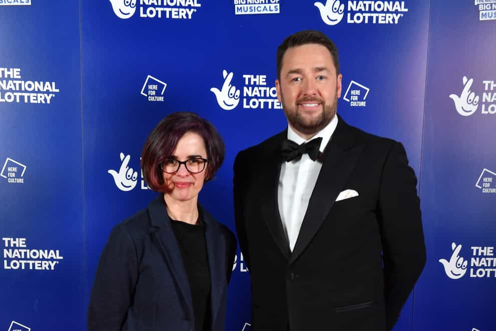 Claire Morris, co-founder of Fallen Angels dance charity, meets Jason Manford on the red carpet of the National Lottery’s Big Night of Musicals. (Anthony Devlin/Getty Images for The National Lottery /PA)