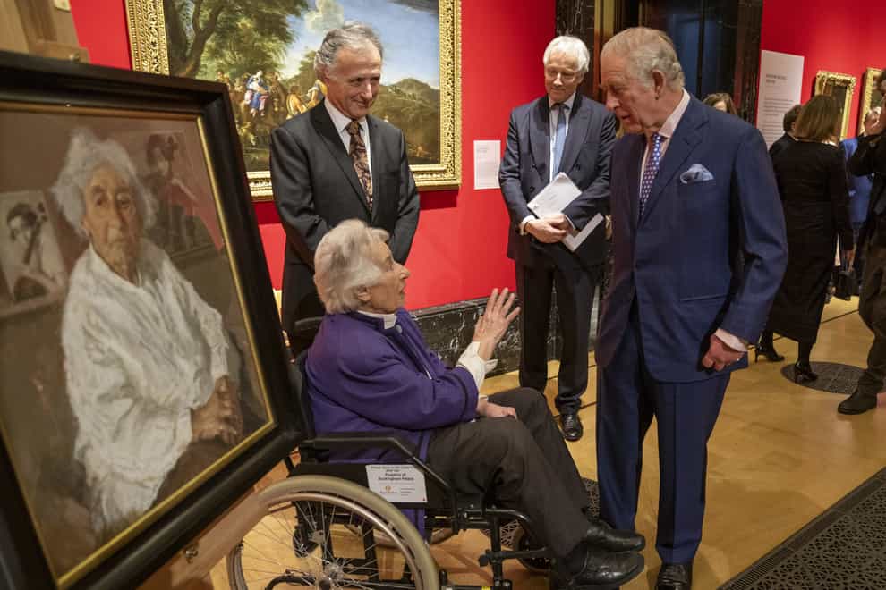 The Prince of Wales speaks with Holocaust survivor Anita Laskar-Wallfisch as he attends an exhibition at The Queen’s Gallery, Buckingham Palace, London, of Seven Portraits: Surviving the Holocaust, which were commissioned by the prince to pay tribute to Holocaust survivors (Arthur Edwards/The Sun/PA)