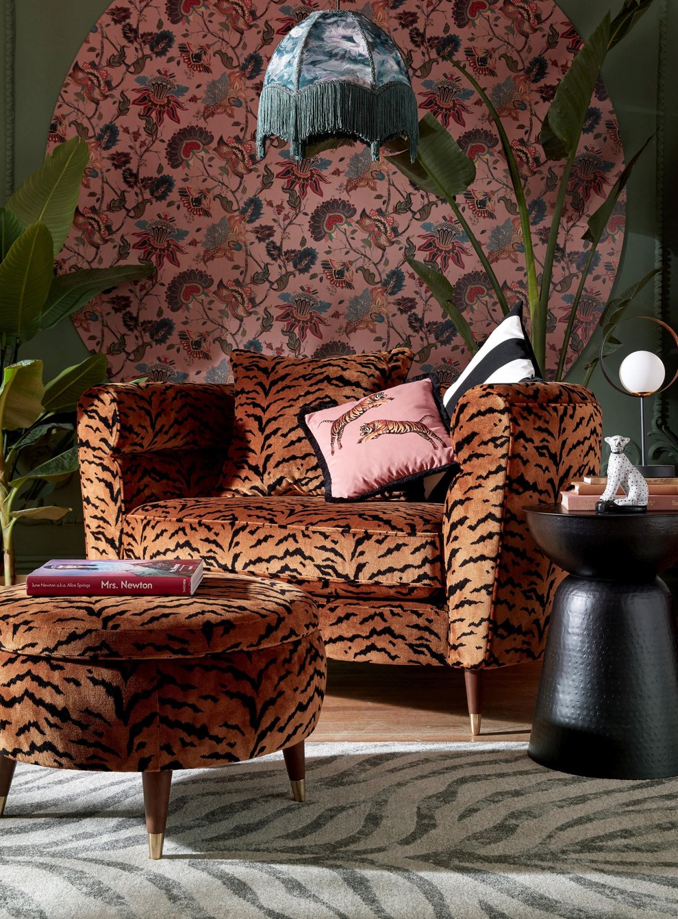 Offbeat Tiger Print All Over Loveseat and Storage Foot Stool from Sofology (Sofology/PA)